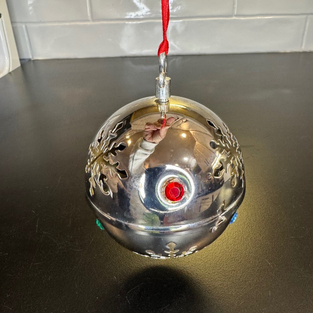 Jeweled Snowflake Ornament Christmas Silver 3in Hinged Metal Ball Red Green Blue
